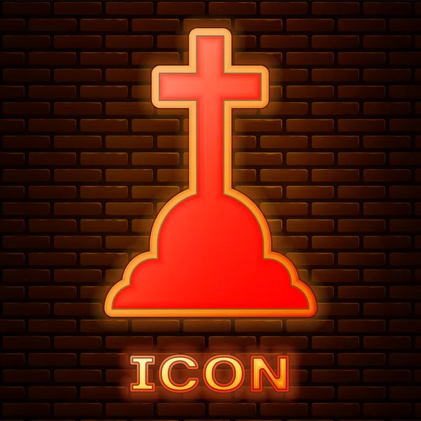 Brillante lápida de neón con icono de la cruz aislado en el fondo de la pared de ladrillo. Icono de tumba. Ilustración vectorial — Archivo Imágenes Vectoriales