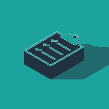 Yeşil arkaplanda kontrol listesi simgesine sahip Isometric Panosu. Vektör İllüstrasyonu