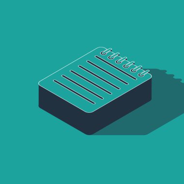 Isometric Not Defteri simgesi yeşil arkaplanda izole edildi. Spiral not defteri simgesi. Yazı tahtası. İş günlüğü. Not defteri kapağı tasarımı. Vektör İllüstrasyonu