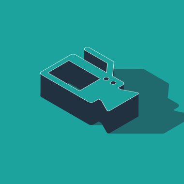 Isometric Cinema kamera simgesi yeşil arkaplanda izole edildi. Video kamera. Film tabelası. Film projektörü. Vektör İllüstrasyonu