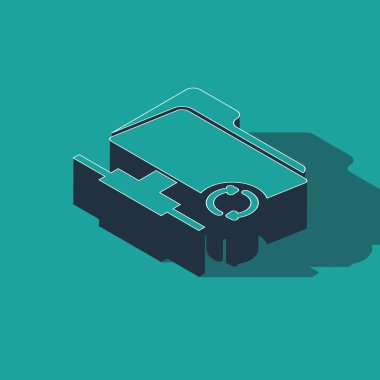 Isometric Ftp eşzamanlama simgesi yeşil arkaplanda izole edildi. Yazılım güncellemesi, transfer protokolü, yönlendirici, takım çalışması araç yönetimi, kopyalama işlemi. Vektör İllüstrasyonu