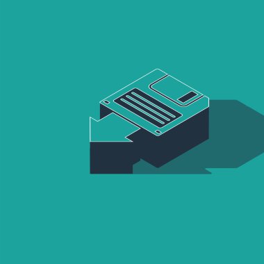 Isometric Disket yedekleme simgesi yeşil arkaplanda izole edildi. Disket işareti. Vektör İllüstrasyonu