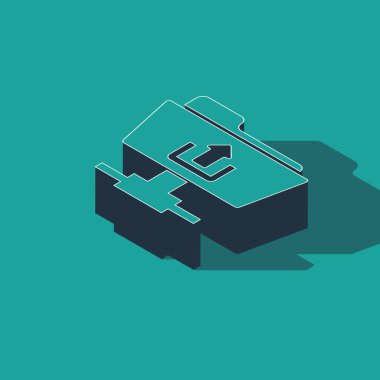Isometric Ftp dizin yükleme simgesi yeşil arkaplanda izole edildi. Yazılım güncellemesi, transfer protokolü, yönlendirici, takım çalışması araç yönetimi, kopyalama işlemi. Vektör İllüstrasyonu