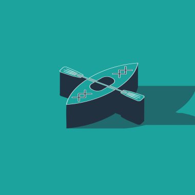 Isometric Kano ve kürek simgesi yeşil arkaplanda izole edildi. Balıkçılık ve turizm için kano. Açık hava aktiviteleri. Vektör İllüstrasyonu