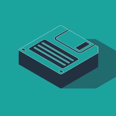 Bilgisayar veri depolama simgesi için Isometric Disket yeşil arkaplanda izole edildi. Disket işareti. Vektör İllüstrasyonu