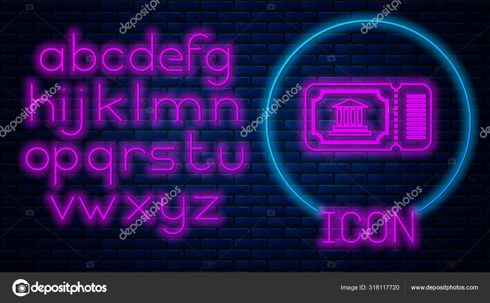 Glowing neon Museum ticket icon isolated on brick wall background