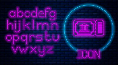 Parlayan neon müze bileti ikonu tuğla duvar arkasında izole edildi. Tarih müzesi bileti etkinliği sergi gezisini kabul ediyor. Neon ışıklı alfabe. Vektör İllüstrasyonu