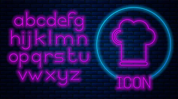 Zářící neon Klobouk ikona izolované na cihlové zdi pozadí. Symbol vaření. Kuchařská čepice. Neonová světlá abeceda. Vektorová ilustrace — Stockový vektor