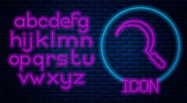 Glowing neon Sickle icon isolated on brick wall background. Reaping hook sign. Neon light alphabet. Vector Illustration — ストックベクタ