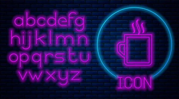 Gloeiende neon koffie kopje plat pictogram geïsoleerd op bakstenen muur achtergrond. Thee beker. Warme drank koffie. Neon licht alfabet. Vector illustratie — Stockvector