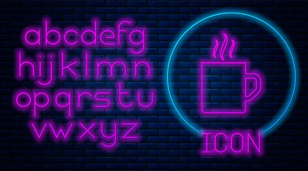 Glödande Neon Coffee Cup platt ikon isolerad på tegelvägg bakgrund. Tekopp. Kaffe med varma drycker. Neonljus alfabetet. Vektor illustration — Stock vektor