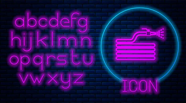 Glowing neon Garden hose or fire hose icon isolated on brick wall background. Spray gun icon. Watering equipment. Neon light alphabet. Vector Illustration — ストックベクタ