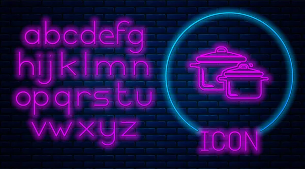 Leuchtende Neon-Kochtopf-Symbol isoliert auf Backsteinwand Hintergrund. Essen kochen oder schmoren. Neonlicht-Alphabet. Vektorillustration — Stockvektor