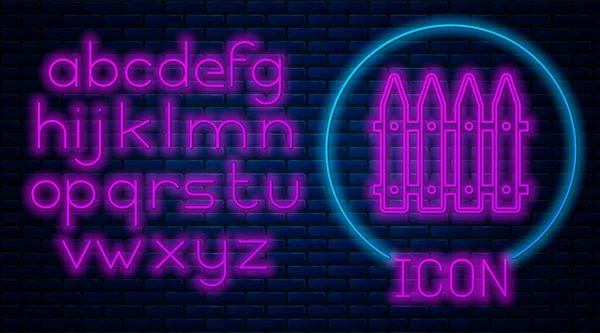 Gloeiende neon tuinhek houten pictogram geïsoleerd op bakstenen muur achtergrond. Neon licht alfabet. Vector Illustratie — Stockvector