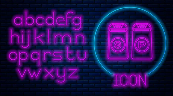 Leuchtendes neonfarbenes Salz- und Pfeffersymbol isoliert auf Backsteinmauer-Hintergrund. Gewürze kochen. Neonlicht-Alphabet. Vektorillustration — Stockvektor