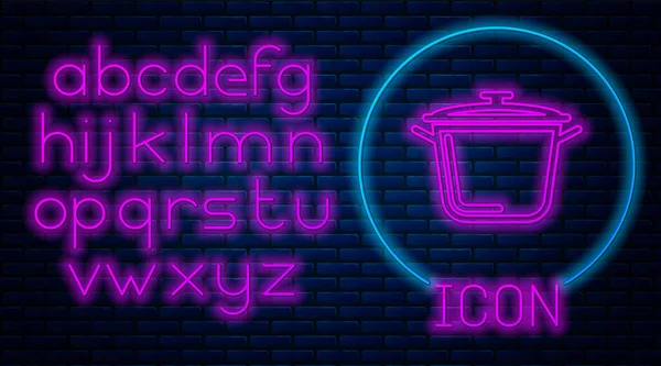 Žhnoucí neon Ikona hrnce na vaření izolované na cihlové zdi pozadí. Vařit nebo dušené jídlo symbol. Neonová světlá abeceda. Vektorová ilustrace — Stockový vektor