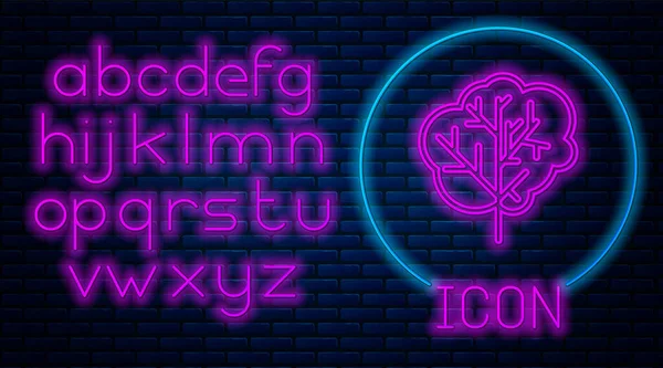 Gloeiende neon Tree icoon geïsoleerd op bakstenen muur achtergrond. Bossymbool. Neon licht alfabet. Vector Illustratie — Stockvector