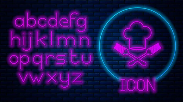 Leuchtende neonfarbene Kochmütze und gekreuztes Gabelsymbol isoliert auf Backsteinmauer Hintergrund. Kochsymbol. Restaurantkarte. Kochmütze. Neonlicht-Alphabet. Vektorillustration — Stockvektor