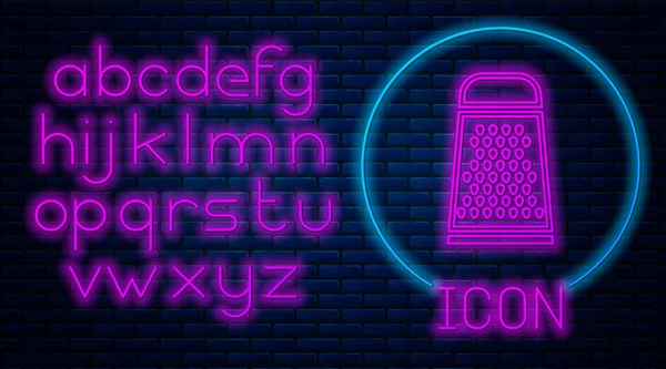 Ragyogó neon reszelő ikon elszigetelt téglafal háttér. Konyha szimbólum. Főzőeszköz. Evőeszköz jel. Neonfény ábécé. Vektorillusztráció — Stock Vector