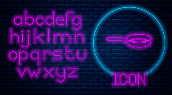 Gloeiende neon koekenpan pictogram geïsoleerd op bakstenen muur achtergrond. Frituur of gebraden voedsel symbool. Neon licht alfabet. Vector Illustratie — Stockvector