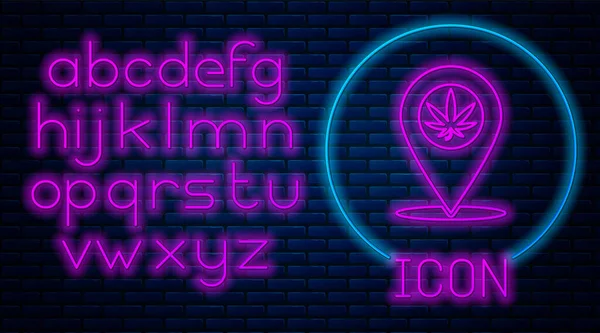Glowing neon Map pointer and marijuana or cannabis leaf icon isolated on brick wall background. Hemp symbol. Neon light alphabet. Vector Illustration — Stock Vector