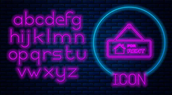 Glowing neon Hanging sign with text For Rent icon isolated on brick wall background. Signboard with text For Rent. Neon light alphabet. Vector Illustration — Διανυσματικό Αρχείο