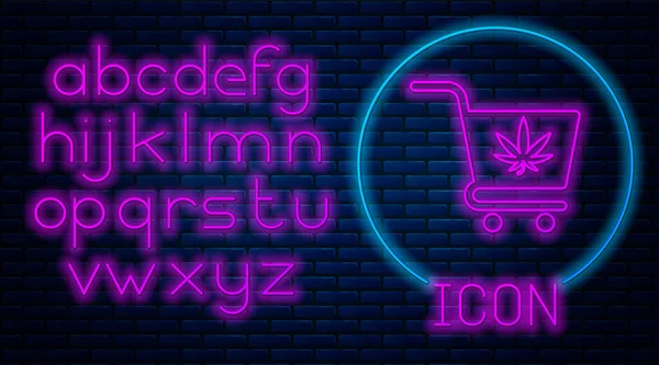 Gloeiende neon Winkelwagen met marihuana of cannabis blad icoon geïsoleerd op bakstenen muur achtergrond. Online kopen. Bezorgservice. Supermarktmandje. Neon licht alfabet. Vector Illustratie — Stockvector