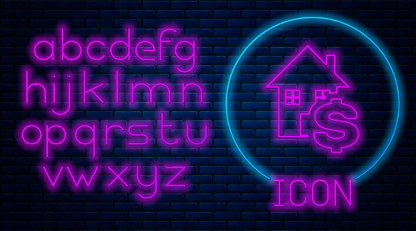 Gloeiende neon huis met dollarsymbool pictogram geïsoleerd op bakstenen muur achtergrond. Thuis en geld. Onroerend goed concept. Neon licht alfabet. Vector Illustratie — Stockvector