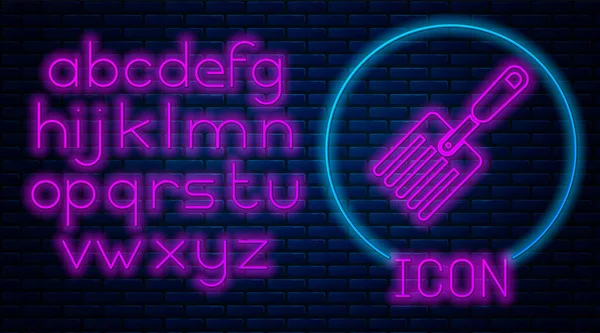 Glowing neon Garden fork icon isolated on brick wall background. Pitchfork icon. Tool for horticulture, agriculture, farming. Neon light alphabet. Vector Illustration — ストックベクタ