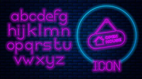 Gloeiende neon Opknoping bord met tekst Open huis pictogram geïsoleerd op baksteen muur achtergrond. Signboard met tekst Open huis. Neon licht alfabet. Vector Illustratie — Stockvector