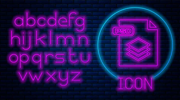 Glowing neon PSD file document. Download psd button icon isolated on brick wall background. PSD file symbol. Neon light alphabet. Vector Illustration — Stock Vector