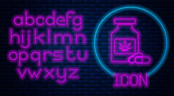 Ragyogó neon orvosi palack marihuánával vagy cannabis levél ikon elszigetelt téglafal háttér. Kannabiszolaj kivonatok üvegekben. Neonfény ábécé. Vektorillusztráció — Stock Vector