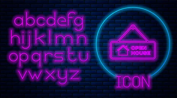 Świecący neon Wiszący znak z tekstem Otwarty dom ikona odizolowany na ceglanym tle ściany. Podpis z tekstem Otwarty dom. Neonowy alfabet świetlny. Ilustracja wektora — Wektor stockowy