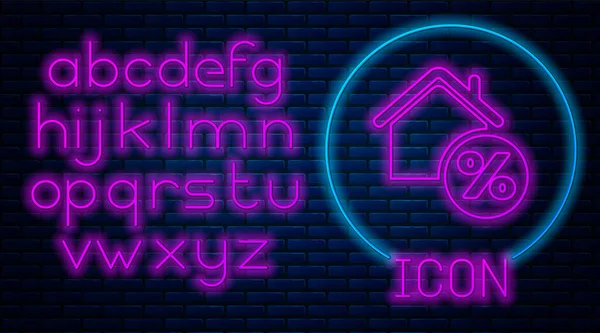 Glowing neon House with percant discount tag icon isolated on brick wall background. House percentage sign price. Real estate home. Credit percentage symbol. Neon light alphabet. Vector Illustration — Stockvector