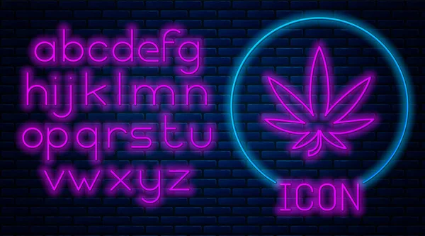 Glowing neon Medical marijuana atau cannabis ikon daun terisolasi di dinding bata latar belakang. Simbol Hemp. Alfabet cahaya neon. Ilustrasi Vektor - Stok Vektor