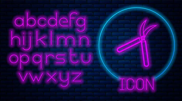 Gloeiende neon Handgemaakte tuinieren schaar voor het trimmen pictogram geïsoleerd op bakstenen muur achtergrond. Snoeischaar met houten handgrepen. Neon licht alfabet. Vector Illustratie — Stockvector