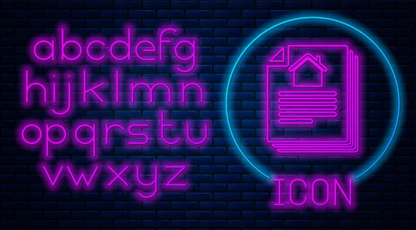 Gloeiende neon House contract icoon geïsoleerd op bakstenen muur achtergrond. Contract creatie dienst, document vorming, aanvraagformulier samenstelling. Neon licht alfabet. Vector Illustratie — Stockvector