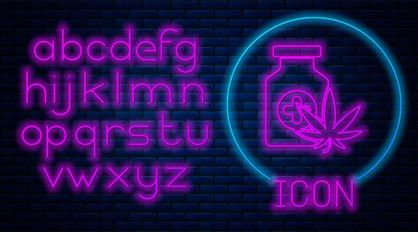 Glowing neon Medical bottle with marijuana or cannabis leaf icon isolated on brick wall background. Mock up of cannabis oil extracts in jars. Neon light alphabet. Vector Illustration — Stock Vector