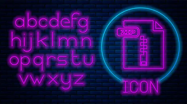 Glödande Neon zip arkivera dokument. Ladda ner zip-knappen ikon isolerad på tegelvägg bakgrund. Zip-filens symbol. Neonljus alfabetet. Vektor illustration — Stock vektor