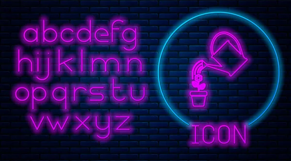 Ragyogó neon öntözőkanna permetezi vízcseppek virág felett pot ikon elszigetelt téglafal háttér. Öntözés szimbólum. Neonfény ábécé. Vektorillusztráció — Stock Vector