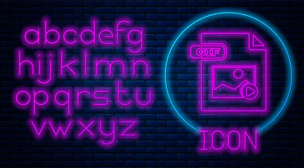 Glowing neon GIF file document. Download gif button icon isolated on brick wall background. GIF file symbol. Neon light alphabet. Vector Illustration — Stock Vector