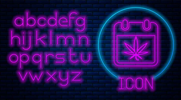 Glowing neon Kalender dan ganja atau cannabis ikon daun terisolasi di dinding bata latar belakang. Hari ganja nasional. Simbol Hemp. Alfabet cahaya neon. Ilustrasi Vektor - Stok Vektor