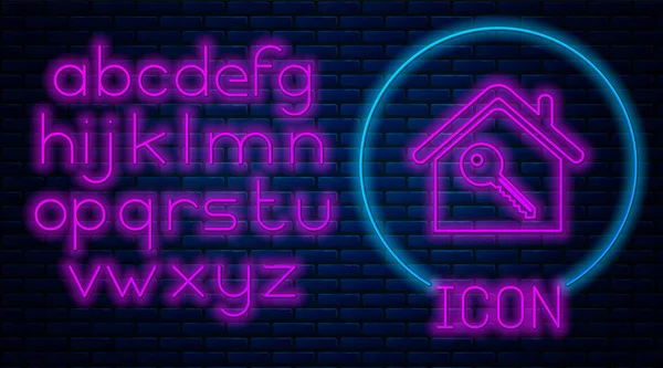 Glowing neon House with key icon isolated on brick wall background. The concept of the house turnkey. Neon light alphabet. Vector Illustration — Stock Vector