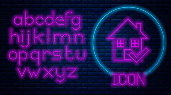 Gloeiende neon huis met vinkje pictogram geïsoleerd op baksteen muur achtergrond. Makelaarskantoor of cottage town elite klasse. Neon licht alfabet. Vector Illustratie — Stockvector