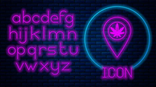 Glowing neon Map pointer and marijuana or cannabis leaf icon isolated on brick wall background. Hemp symbol. Neon light alphabet. Vector Illustration — Stock Vector