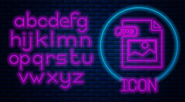 Glowing neon JPG file document. Download image button icon isolated on brick wall background. JPG file symbol. Neon light alphabet. Vector Illustration — Stock Vector