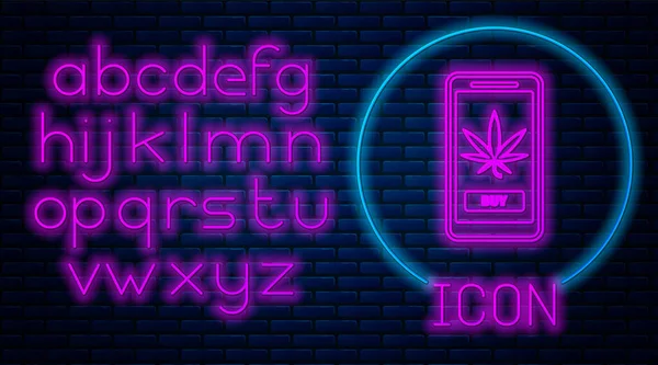 Glowing neon Mobile phone and medical marijuana or cannabis leaf icon isolated on brick wall background. Online buying symbol. Supermarket basket. Neon light alphabet. Vector Illustration — Stock Vector