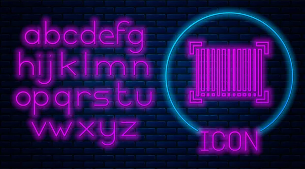 Gloeiende neon Barcode pictogram geïsoleerd op baksteen muur achtergrond. Neon licht alfabet. Vector Illustratie — Stockvector