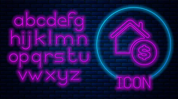 Gloeiende neon huis met dollarsymbool pictogram geïsoleerd op bakstenen muur achtergrond. Thuis en geld. Onroerend goed concept. Neon licht alfabet. Vector Illustratie — Stockvector