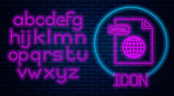 Gloeiende neon HTML-bestand document. Download HTML knoppictogram geïsoleerd op bakstenen muur achtergrond. HTML-bestand symbool. Markup Language-symbool. Neon licht alfabet. Vector illustratie — Stockvector